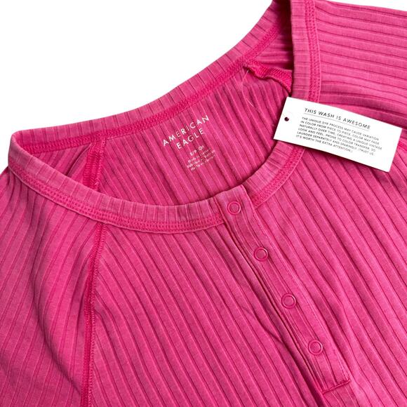 American Eagle Ribbed Henley Tee Size L Pink Short Sleeve Stretch T-Shirt - Picture 3 of 5